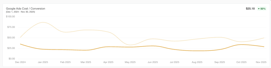 Google Ads cost per conversion trend showing 50% reduction year on year down to $25.18