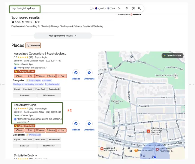 Google map pack showing The Anxiety Clinic ranking number 2 for psychologist sydney