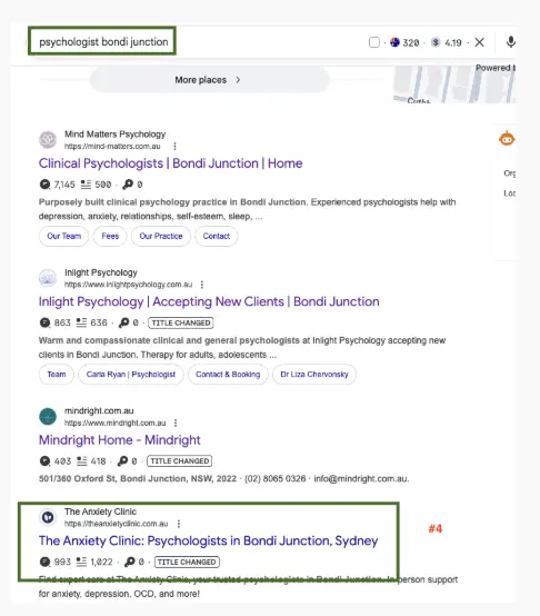 Google organic results showing The Anxiety Clinic at position 4 for psychologist bondi junction