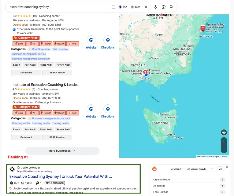 Google organic results showing Dr Jodie Lowinger ranking number 1 for executive coaching sydney
